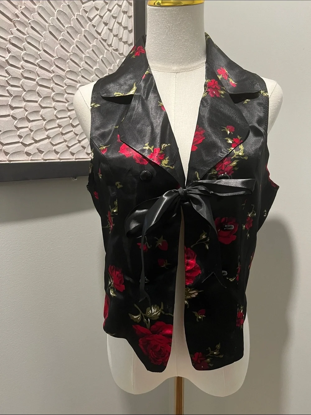 Black Satin Floral Tie-Front Vest with Red Roses